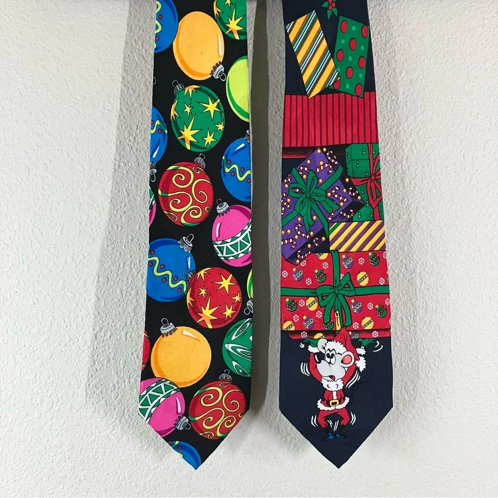 SILK Christmas Ties Bundle of 2 Colorful Holiday Festive Black Navy Office Party